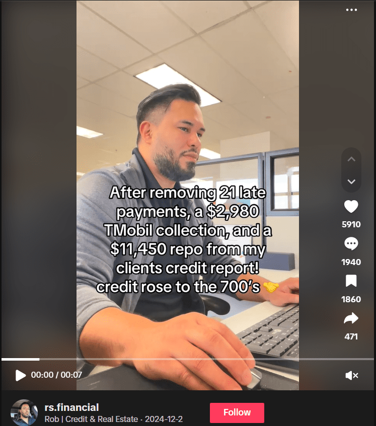 Screen capture of Credit Repair TikTok